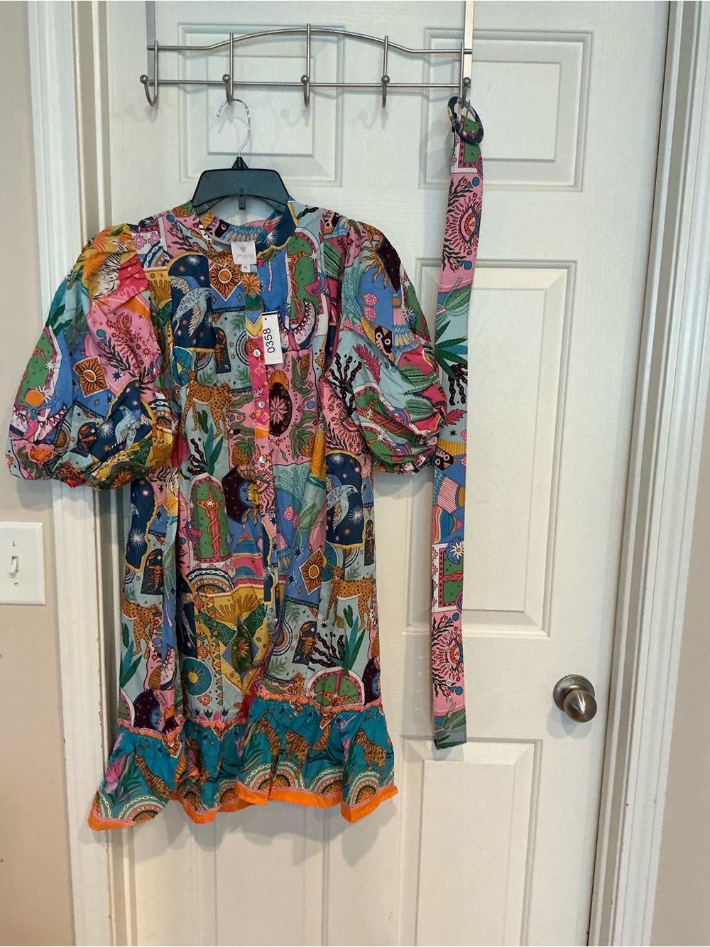Multicolor Printed Puff-Sleeve Mini Dress with Removable Sash